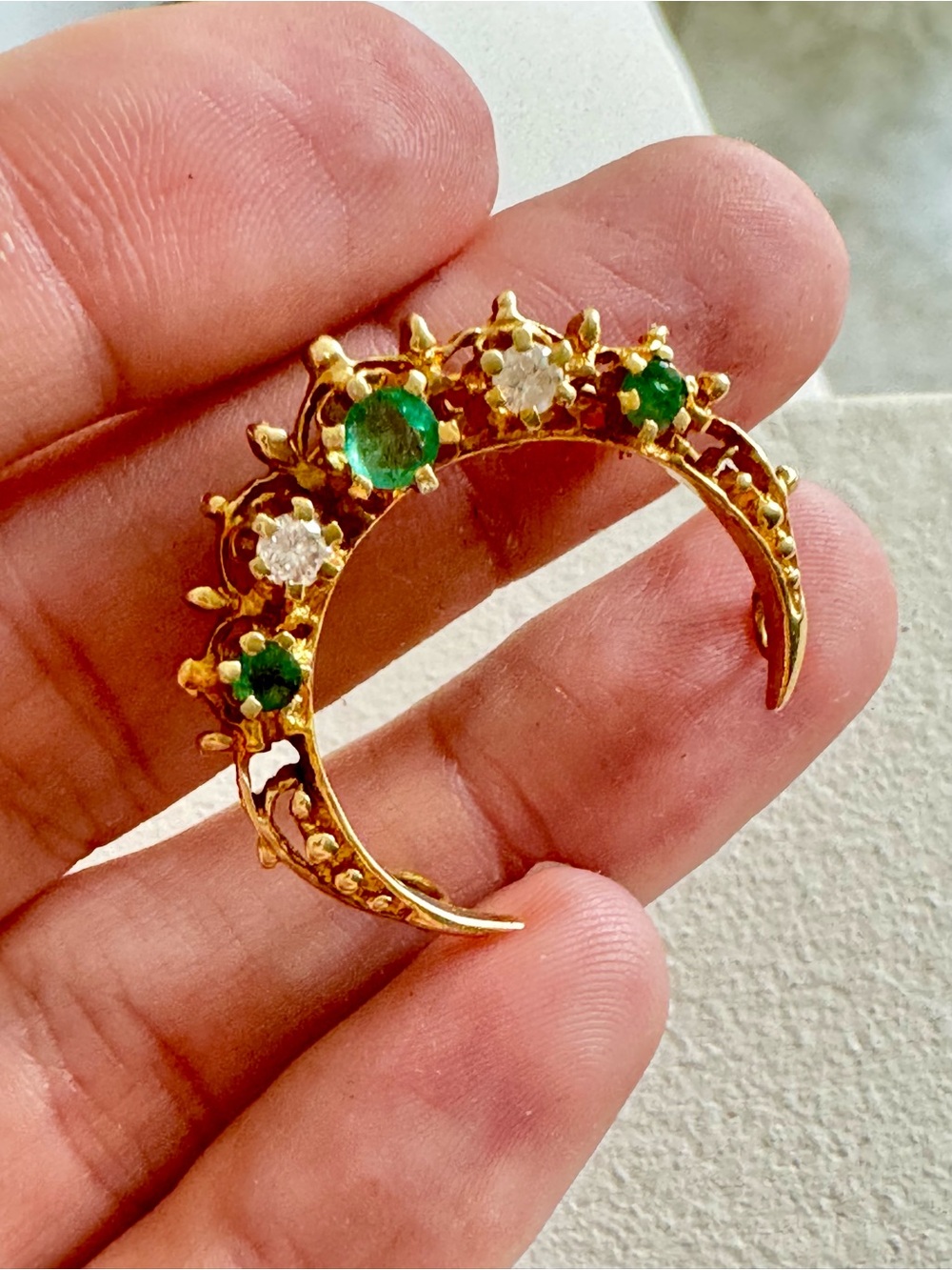 Vintage Estate 14k Yellow Gold Emerald Diamond Pendant Pin